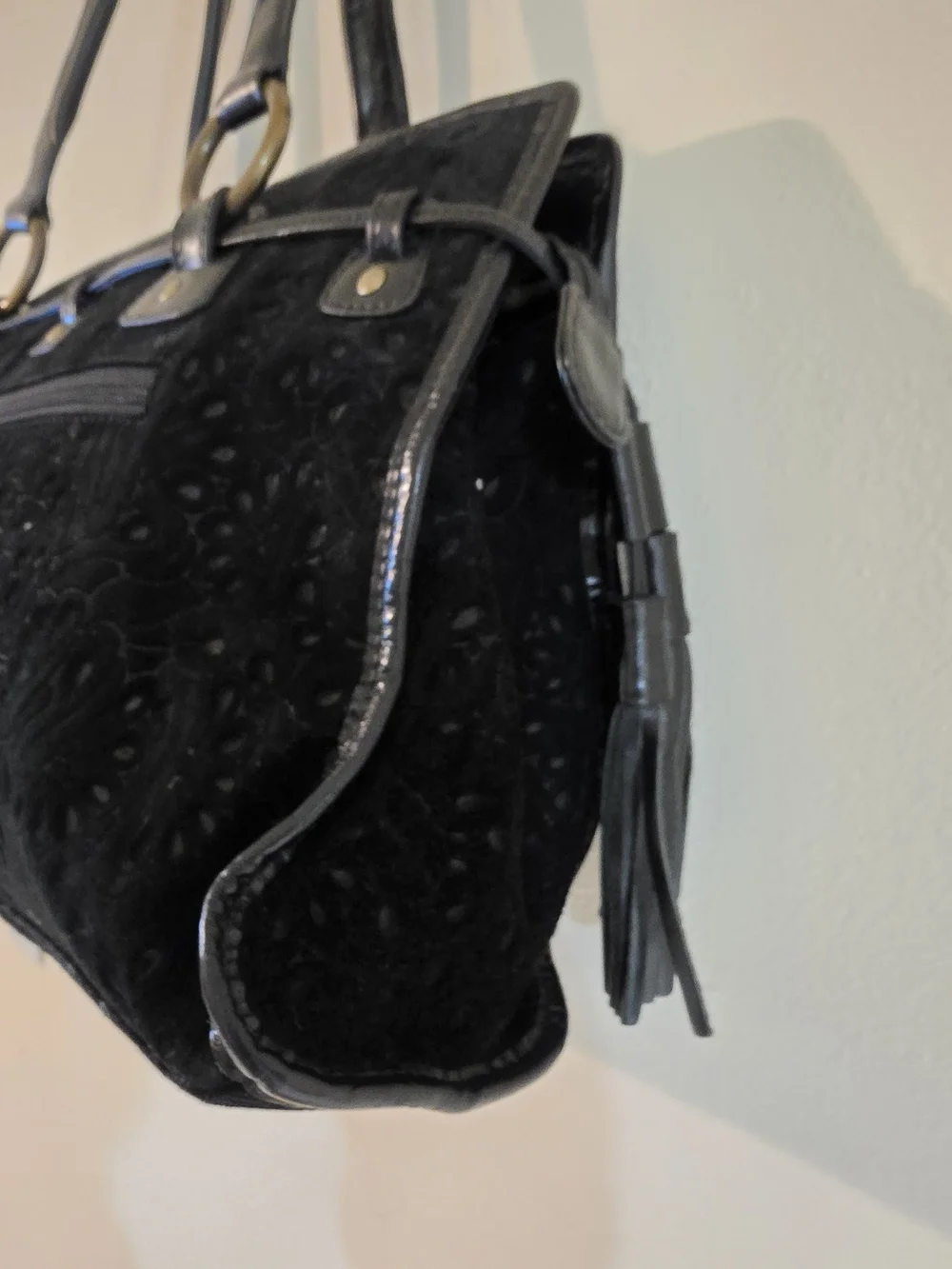 Black Embossed Leather Shoulder Bag with Buckle Pockets